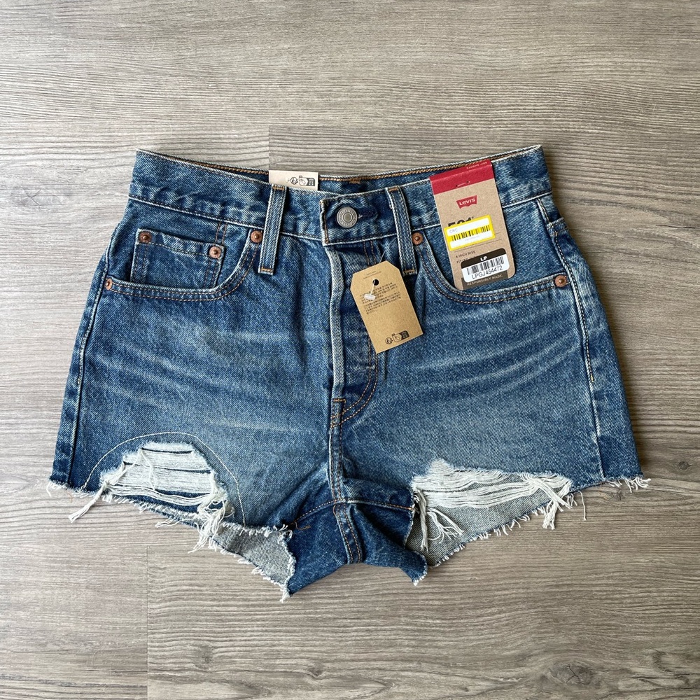 Levi's Blue Jean Shorts Distressed High-Waisted, NWT, Size 24